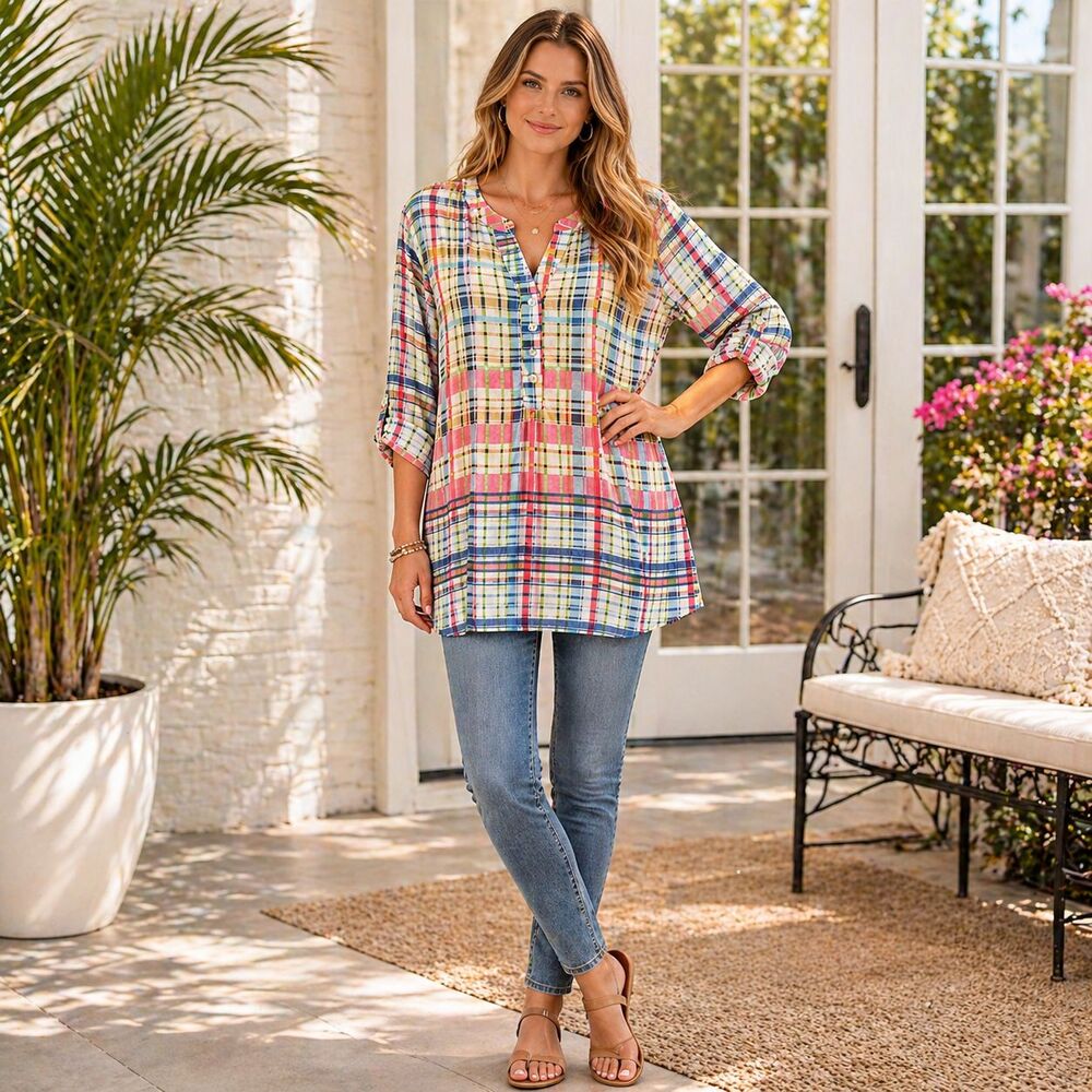 Zac Rachel Woman 2X Plaid Tunic Top Roll Tab Boho Pastel Flowy Plus Size Chic